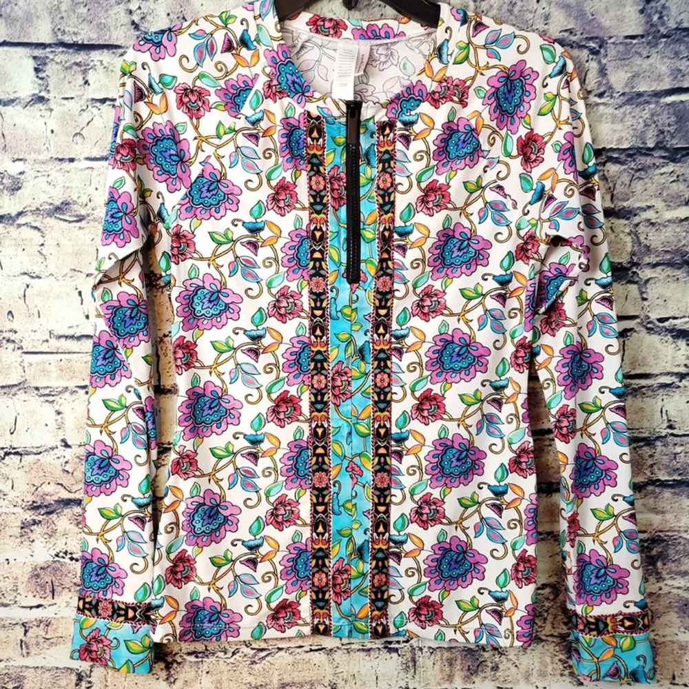 Nanette Lepore Colorful Floral 1/4 Zip 4 Way Stretch Activewear Pullover Top S